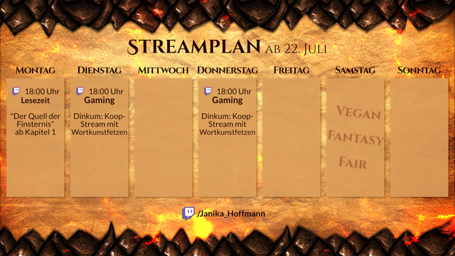 Streamplan für den Twitch-Kanal Janika_Hoffmann für die Woche ab 22. Juli. 
Montag, 18 Uhr. Lesezeit. 