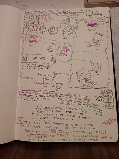 A one page dungeon presented as a mix of a scribbly map and inked-in explanations. Done in felt-tip, CGA palette style