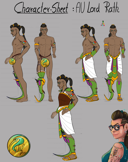 illustrations  of a character in different poses and with different clothing. Style is old egyptian-Mummies Alive show style. He has one leg half missing and wears a prosthetic. The character is Rath and for his better description you are welcome to read the story  
