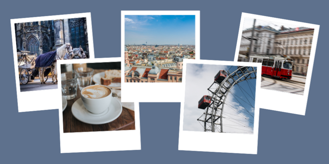 Bild zum Schreibwochenende in Wien, zeigt Fotos von Wien mit Fiakern, Kaffeehaus, Riesenrad, Straßenbahn, Dächern der Stadt.