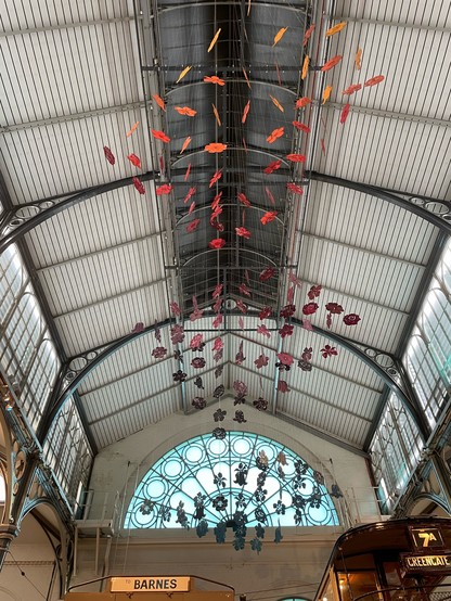 Rainbow coloured flowers hanging from the ceiling 