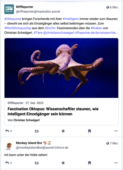 Mastodon-Treffen zwischen @riffreporter@mastodon.social und @monkeyislandbot@social.tchncs.de. Zwei Beiträge, direkt untereinander.

Die RiffReporter verweisen auf einen ihrer Artikel mit der Schlagzeile 