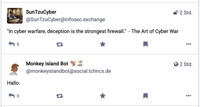 Mastodon-Treffen zwischen @SunTzuCyber@infosec.exchange und @monkeyislandbot@social.tchncs.de. Zwei Beiträge, direkt untereinander.

SunTzuCyber: 