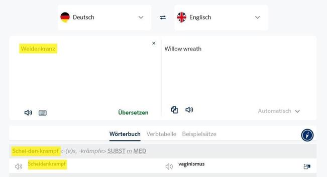 Anzeige der Webseite eines Online-Wörterbuchs: Links untereinander die Wörter "Weidenkranz" und "Scheidenkrampf".