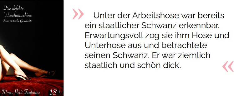 Unter der Arbeitshose war bereits ein staatlicher [sic!] Schwanz erkennbar. Erwartungsvoll zog sie ihm Hose und Unterhose aus und betrachtete seinen Schwanz. Er war ziemlich staatlich [sic!] und schön dick.

Tsubame, Mme. Petit. Die defekte Waschmaschine: Eine erotische Geschichte . Kindle-Version. 