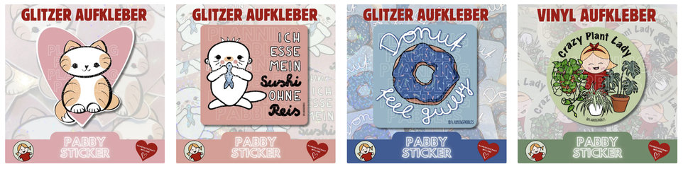 Die ersten vier Artikel aus meinem Etsy-Sticker-Shop. Einer ohne Glitzer mit Crazy Plant Lady, drei vollständig handgemacht mit Glitzer (Otter, Donut, Katze).