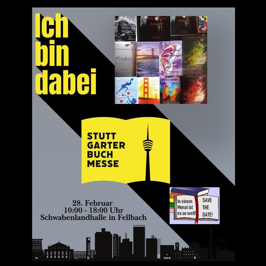 Ein Bild von dem Logo der Stuttgarter Buchmesse und der Stuttgarter Skyline auf grau-schwarzem Hintergrund mit einem Foto von einigen Buchcovern von Jutta Swietlinski sowie einer Zeichnung von einem aufgeschlagenen Buch mit dem oben stehenden Text, leicht abgewandelt und ergänzt.