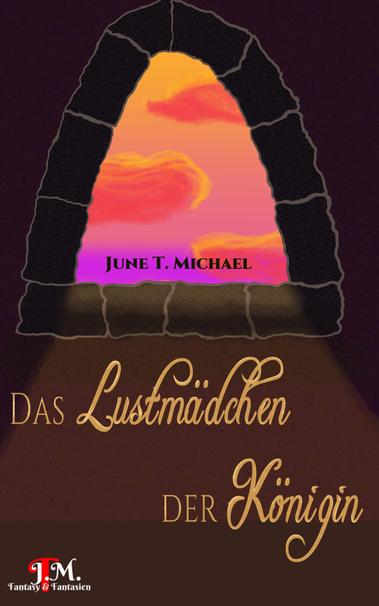 Buchcover von "Das Lustmädchen der Königin". 
Der Titel ist in verschnörkelter Goldschrift aufgetragen und so bemalt, als würde die Goldschrift funkeln. 
Das Bild wird von einer mit bräunlich-violetten, grob behauenen Steinen umsäumten Fensteröffnung dominiert. In der Fensteröffnung befindet sich ein Farbverlauf, oben eher orange, unten lila, was Dämmerungslicht ausdrücken soll. Wolken werden von oben angestrahlt, sodass ihre oberen Seiten hellorange glühen, während die unteren Seiten in rötlic…