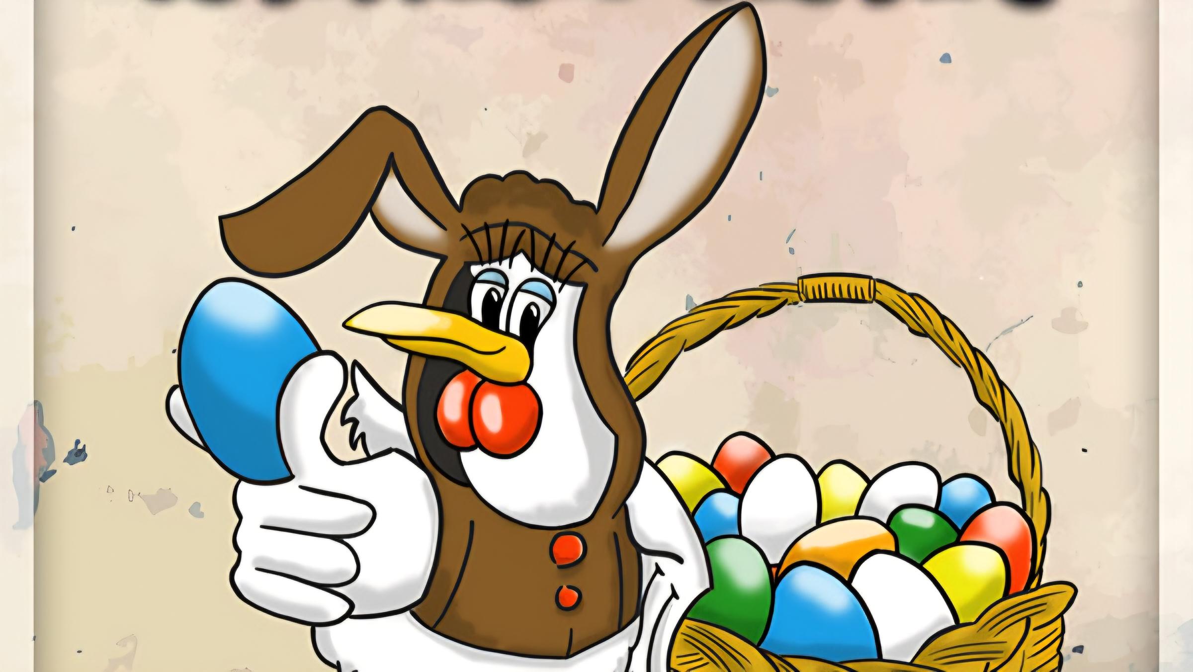 Ausschnitt aus dem Cover zum Hörspiel zeigt ein Huhn im Kostüm vom Osterhasen